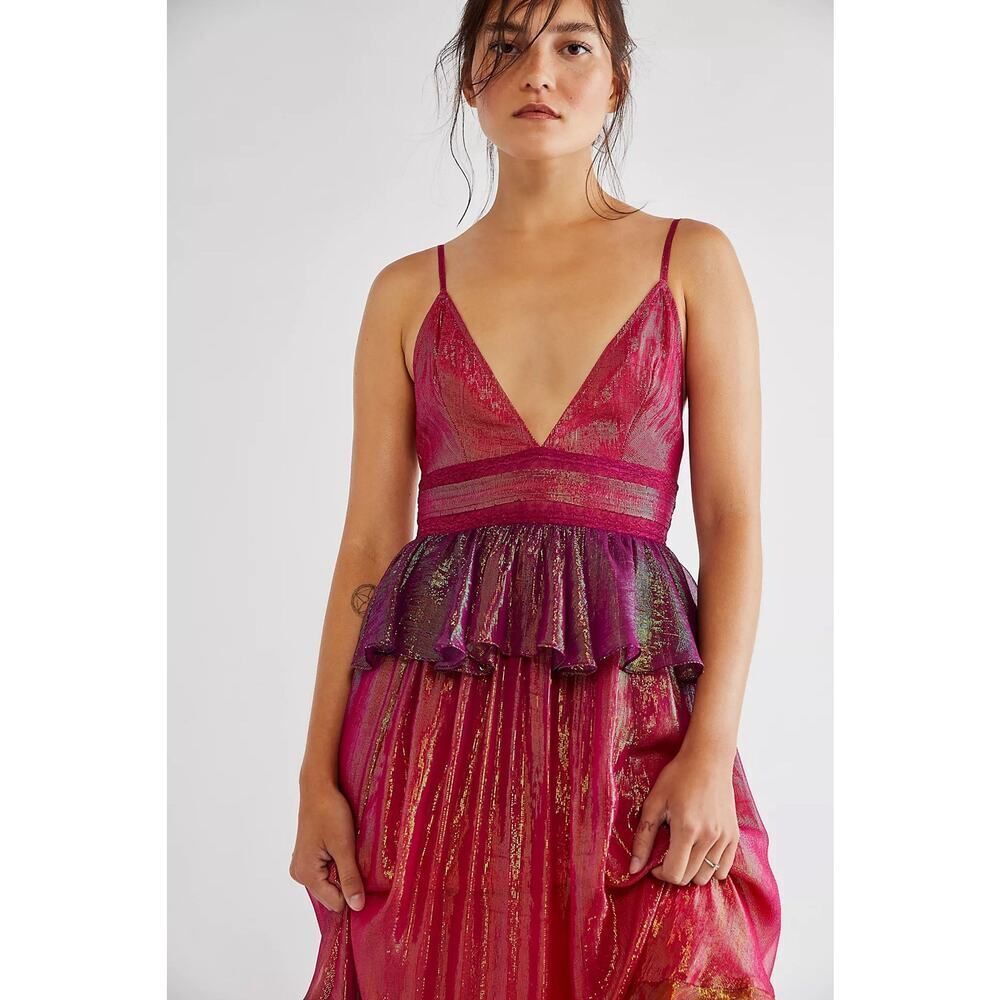 Rococo Sand Shimmery Red Metallic V-Neck Tiered Maxi Dress - Picture 4 of 8